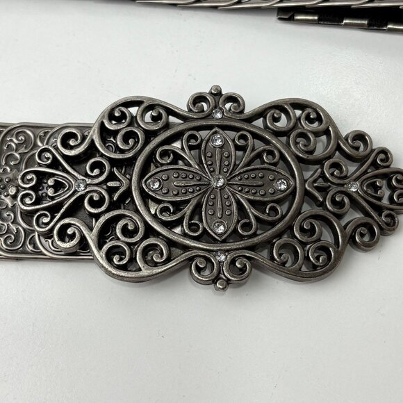 Silver-Toned Elastic Waist Belt Filigree Floral Buckle Rhinestone Goth cosplay - Picture 5 of 8